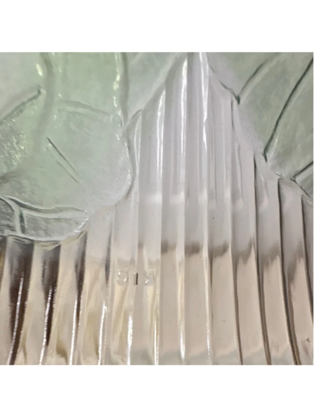 Clear Pink Green Yellow pressed Glass Round platter with Floral Pattern.